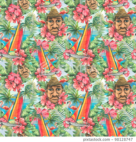 A tropical seamless pattern with a sailboat, flowers, palm leaves, pink flamingos and a Latin man. Watercolor illustration, bright, juicy, summer, beach from the CUBA collection. For fabric, textiles. A tropical seamless pattern with a sailboat, flowers, palm leaves, pink flamingos and a Latin man. Watercolor illustration, bright, juicy, summer, beach from the CUBA collection. For fabric, textiles. 98128747