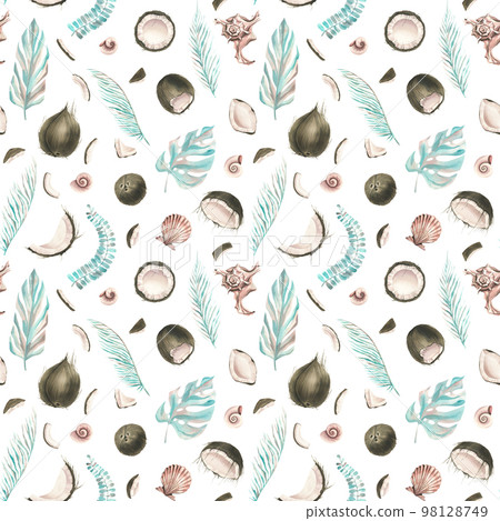 Whole coconuts and slices with tropical palm leaves and seashells. Watercolor illustration. Seamless pattern on a white background from the collection of COCONUTS. For the design and design of prints. 98128749