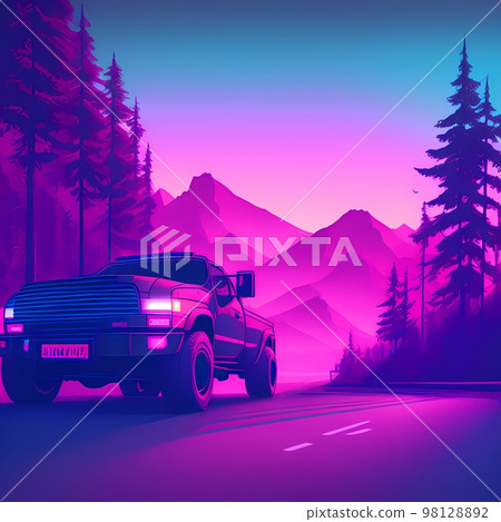 a truck driving down a road with a mountain in the background at sunset or dawn with a pink hue a truck driving down a road with a mountain in the background at sunset or dawn with a pink hue 98128892