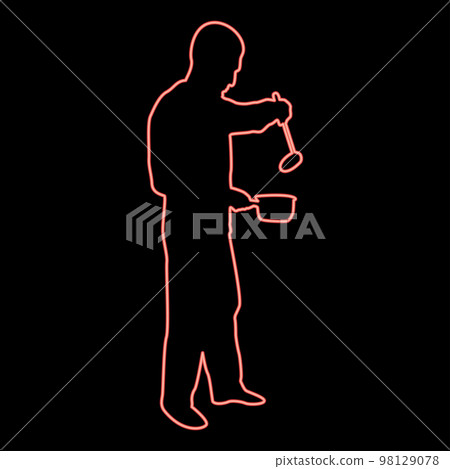 Neon man with saucepan scoop ladle Kitchen utensil Crack for soup in his hands preparing food Male cooking use sauciers red color vector illustration image flat style Neon man with saucepan scoop ladle Kitchen utensil Crack for soup in his hands preparing food Male cooking use sauciers red color vector illustration image flat style 98129078