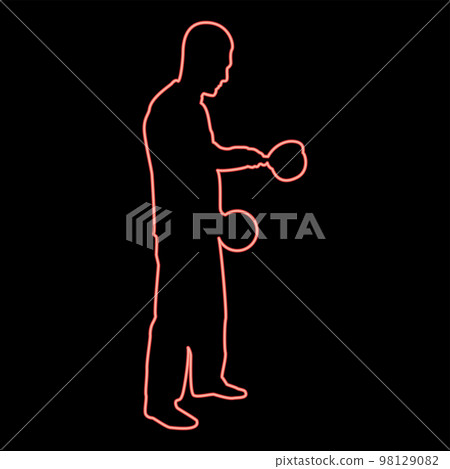 Neon man with saucepan in his hands preparing food Male cooking use sauciers with open lid red color vector illustration image flat style 98129082