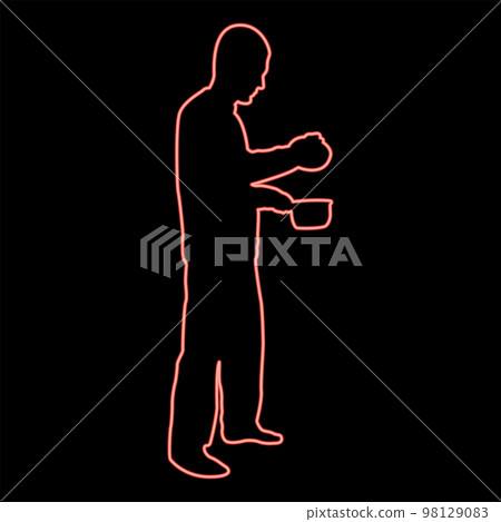 Neon man with saucepan in his hands preparing food Male cooking use sauciers with open lid red color vector illustration image flat style 98129083