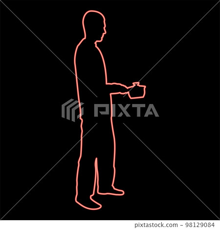 Neon man with saucepan in his hands preparing food Male cooking use sauciers red color vector illustration image flat style 98129084