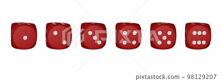 Red casino 3D game dice render set, realistic rolling cube on white, playing square with dots Red casino 3D game dice render set, realistic rolling cube on white, playing square with dots 98129207
