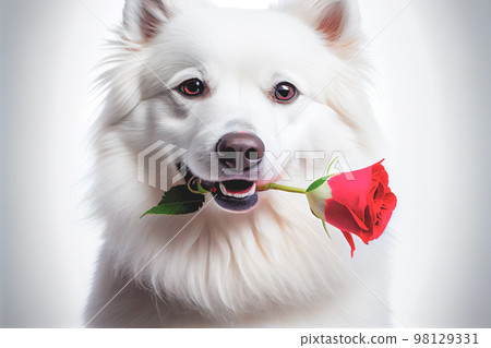 3D render adorable close-up of a American Eskimo dog holding red rose in mouth on white background. 3D render adorable close-up of a American Eskimo dog holding red rose in mouth on white background. 98129331