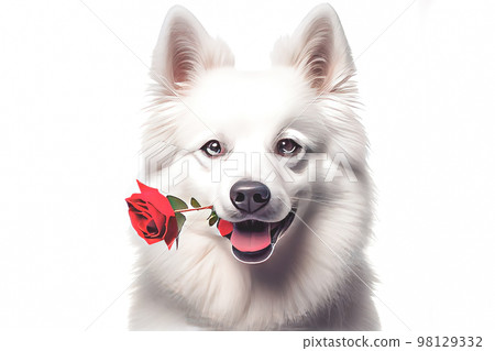 3D render adorable close-up of a American Eskimo dog holding red rose in mouth on white background. 3D render adorable close-up of a American Eskimo dog holding red rose in mouth on white background. 98129332