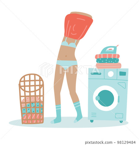 Female character takes off her sweater. Funny Woman in underwear and socks wants to start washing machine. Girl taking off her clothes to put in the laundry basket. Vector Flat hand drawn illustration Female character takes off her sweater. Funny Woman in underwear and socks wants to start washing machine. Girl taking off her clothes to put in the laundry basket. Vector Flat hand drawn illustration 98129484