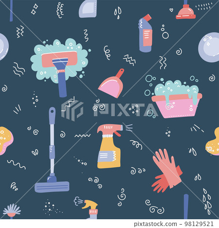 Spring cleaning. Seamless pattern with cleaning tools. Flat hand drawn vector objects. Clean home. Spring cleaning. Seamless pattern with cleaning tools. Flat hand drawn vector objects. Clean home. 98129521