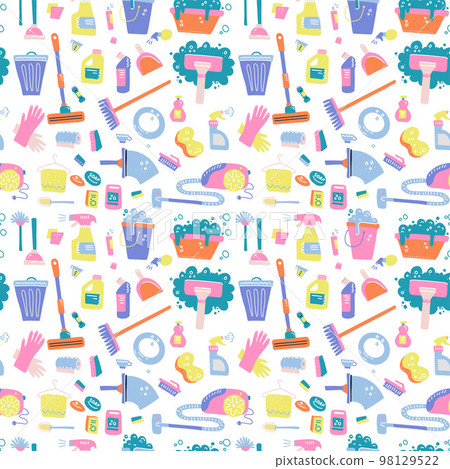 Doodle pattern of cleaning tools. Cleaning service. Home supplies. Flat hand drawn vector illustration on white background Doodle pattern of cleaning tools. Cleaning service. Home supplies. Flat hand drawn vector illustration on white background 98129522