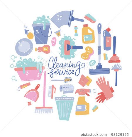 Cleaning tools round composition. Set of cleaning equipment. Collection of housekeeping symbols in doodle hand drawn style. Color conceptual vector illustration. Cleaning tools round composition. Set of cleaning equipment. Collection of housekeeping symbols in doodle hand drawn style. Color conceptual vector illustration. 98129535