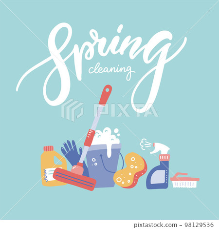 Spring Cleaning bunner with house cleanup tools. hand written lettering quote. Flat hand drawn vector illustration Spring Cleaning bunner with house cleanup tools. hand written lettering quote. Flat hand drawn vector illustration 98129536