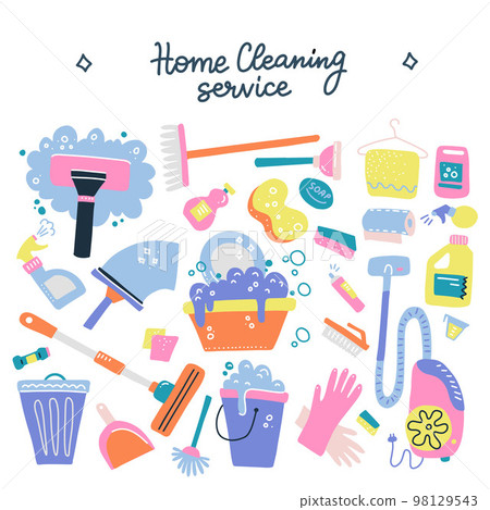 Hand drawn vector cleaning service tools concep. Cleaning equipment symbols. Detergent, iron, mop, dust pan, brushes, bleach, duster,washing liquid, vacuum cleaner, doodle icons, sketch with lettering Hand drawn vector cleaning service tools concep. Cleaning equipment symbols. Detergent, iron, mop, dust pan, brushes, bleach, duster,washing liquid, vacuum cleaner, doodle icons, sketch with lettering 98129543