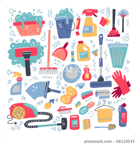 Household supplies and cleaning set. Flat hand drawn design concepts for web banners, web sites, printed materials, infographics 98129545