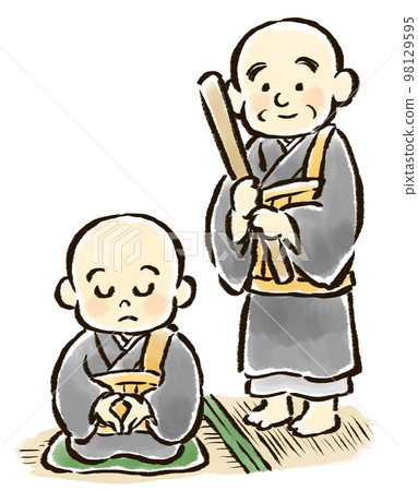 A hand-drawn illustration of a child monk sitting in meditation and a monk with a warning A hand-drawn illustration of a child monk sitting in meditation and a monk with a warning 98129595