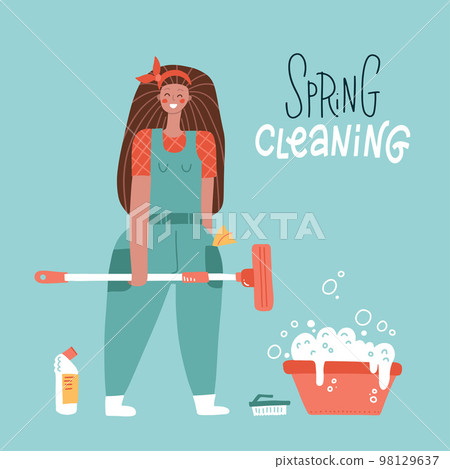 young woman with different cleaning products washes the floor. Spring cleaning banner with lettering text. Flat hand drawn illustration. young woman with different cleaning products washes the floor. Spring cleaning banner with lettering text. Flat hand drawn illustration. 98129637