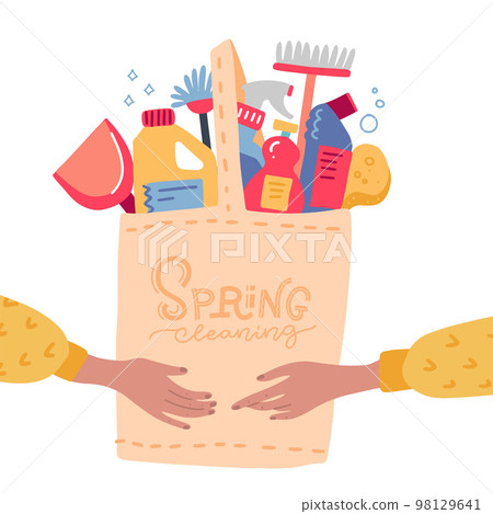 Two female hands holding eco bag with house cleaning tools and equipment. Clean home service concept. Spring cleaning lettering. Flat hand drwan vector illustration. Two female hands holding eco bag with house cleaning tools and equipment. Clean home service concept. Spring cleaning lettering. Flat hand drwan vector illustration. 98129641