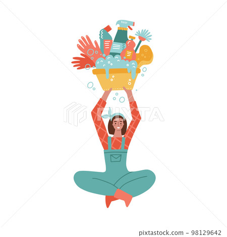 Young girl with tools for cleaning sit on floor. Spring cleaning hand drawn isolated character. Female cleaner in uniform holding a basin of domestic tools over her head. . Flat vector illustration. 98129642