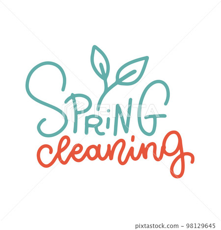 Linear lettering of Spring cleaning with leaf. Concept for cleaning service, house work, domestic life. Design for poster, banner, blog, flyer, sticker, ad, promotion. Hand drawn vector design. 98129645