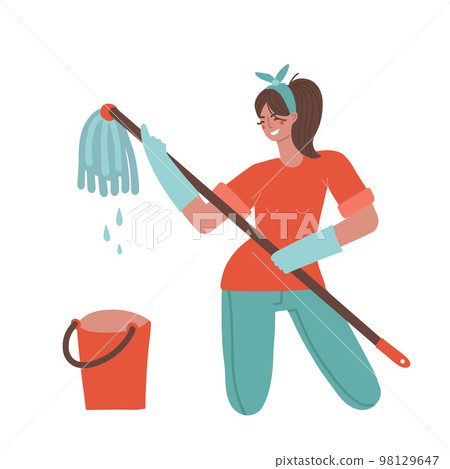 House spring cleaning with fun. Happy housewife singing during cleanup, dancng with mop, enjoying domestic work. Female maid tidying her home with pleasure concept. Vector illustration House spring cleaning with fun. Happy housewife singing during cleanup, dancng with mop, enjoying domestic work. Female maid tidying her home with pleasure concept. Vector illustration 98129647