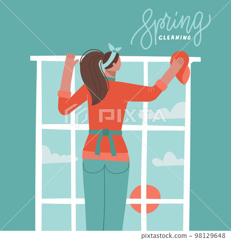 Woman washing window with cloth. Spring cleaning concept. Back view. Flat hand drawn vector banner with lettering text Woman washing window with cloth. Spring cleaning concept. Back view. Flat hand drawn vector banner with lettering text 98129648