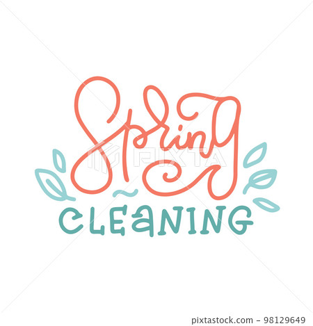 Hand written linear lettering - Spring cleaning. Decorative logo, badge and icon with leaves. Postcard, card, invitation, flyer, banner template. Vector trendy typography. Hand written linear lettering - Spring cleaning. Decorative logo, badge and icon with leaves. Postcard, card, invitation, flyer, banner template. Vector trendy typography. 98129649