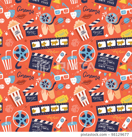 Flat cinema seamless pattern design with film reel, clapper, popcorn, 3D glasses. Cartoon flat Vector Illustration for print, fabric and web-design. 98129677