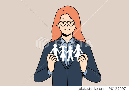 Smiling social worker hold family model in hands  98129697