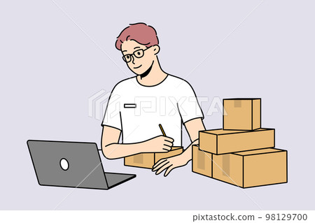Man sign parcels at post office  98129700