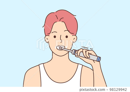 Young man brush teeth with toothbrush  98129942