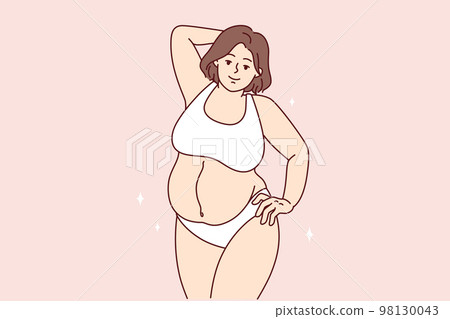 Plus size woman in lingerie standing in relaxed position, not embarrassed by own body. Vector image 98130043