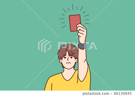 Man football referee raises hand with red card suspended football player from match. Vector image 98130045