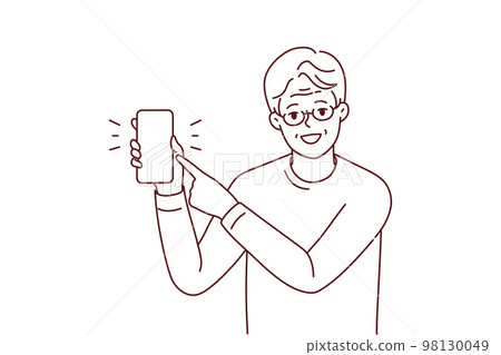 Smiling elderly man point at cell screen Smiling elderly man point at cell screen 98130049