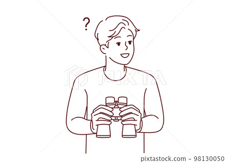 Smiling man holding spyglass Smiling man holding spyglass 98130050