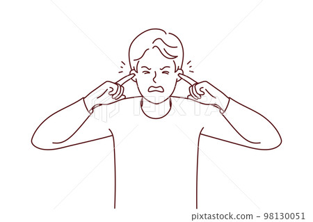 Unhappy man close ears suffer from noise Unhappy man close ears suffer from noise 98130051