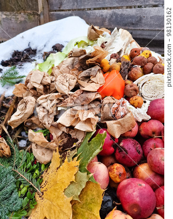 Wooden compost bin in winter, food waste, zero waste, organic recycling, ecological composting of food and garden waste. compostable things 98130162