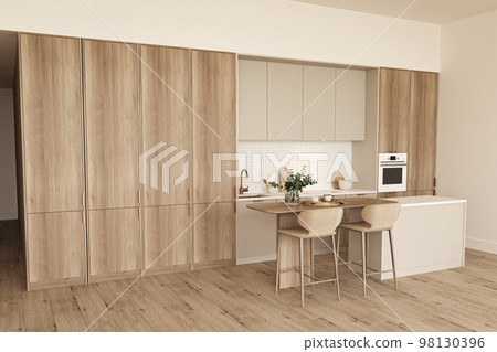 Wooden kitchen room with dining table and bar chairs, parquet floor. Kitchen open space room with wooden light furniture. 3d rendering. High quality 3d illustration 98130396
