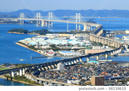 [香川縣]從晴朗的青野山展望台看到的瀨戶大橋（全景） 98130610