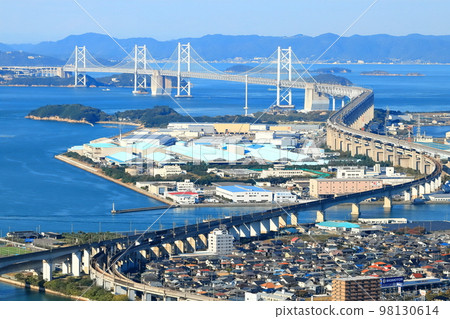 [香川縣]從晴朗的青野山展望台看到的瀨戶大橋（全景） 98130614