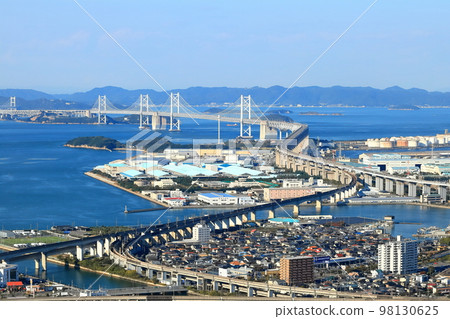 [香川縣]從晴朗的青野山展望台看到的瀨戶大橋（全景） 98130625