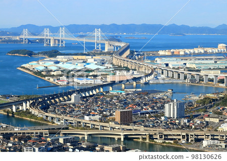 [香川縣]從晴朗的青野山展望台看到的瀨戶大橋（全景） 98130626