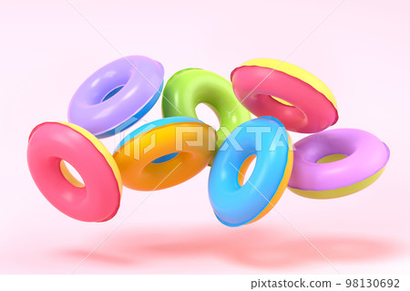 Colorful inflatable ring flying on pink background, 3D render of summer vacation Colorful inflatable ring flying on pink background, 3D render of summer vacation 98130692
