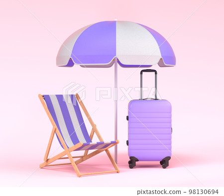 Colorful beach rings, chair, umbrellas and lugagge on pink background. 98130694