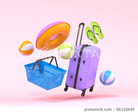 Colorful luggage with beach accessories and shopping basket on pink background. 98130695