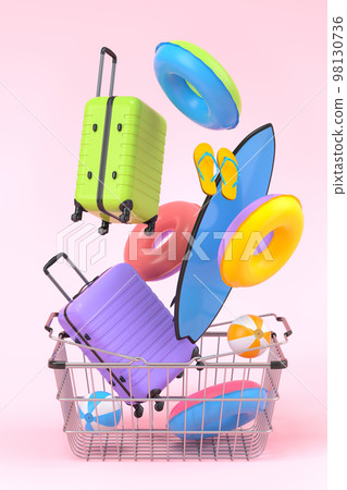 Colorful luggage with beach accessories and shopping basket on pink background. Colorful luggage with beach accessories and shopping basket on pink background. 98130736