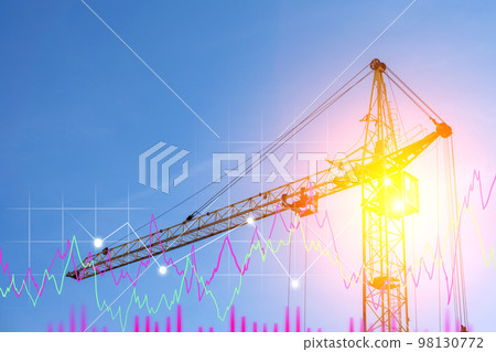 Construction crane working on building site. Infographics charts, graphs and, development steps. Copy space Construction crane working on building site. Infographics charts, graphs and, development steps. Copy space 98130772