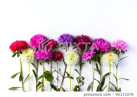 Floral arrangement of pink lilac and white aster and dahlia flowers, banner 98131076