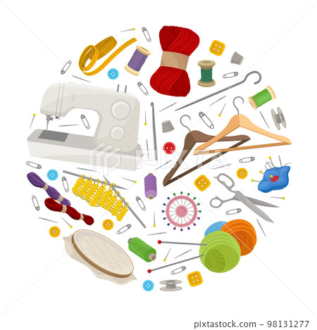 Sewing and Knitting Workshop Round Composition Design with Equipment Vector Template 98131277