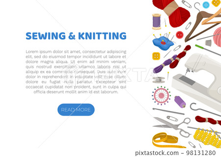 Sewing and Knitting Workshop Banner Design with Equipment Vector Template Sewing and Knitting Workshop Banner Design with Equipment Vector Template 98131280