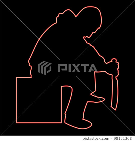 Neon man with sword machete Cold weapons in hand military man Soldier Serviceman in positions Hunter with knife Fight poses Strong defender Warrior concept Weaponry Sit on box red color vector Neon man with sword machete Cold weapons in hand military man Soldier Serviceman in positions Hunter with knife Fight poses Strong defender Warrior concept Weaponry Sit on box red color vector 98131368