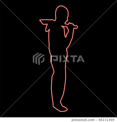 Neon man with sword machete Cold weapons in hand military man Soldier Serviceman in positions Hunter with knife Fight poses Strong defender Warrior concept Weaponry Stand red color vector 98131369